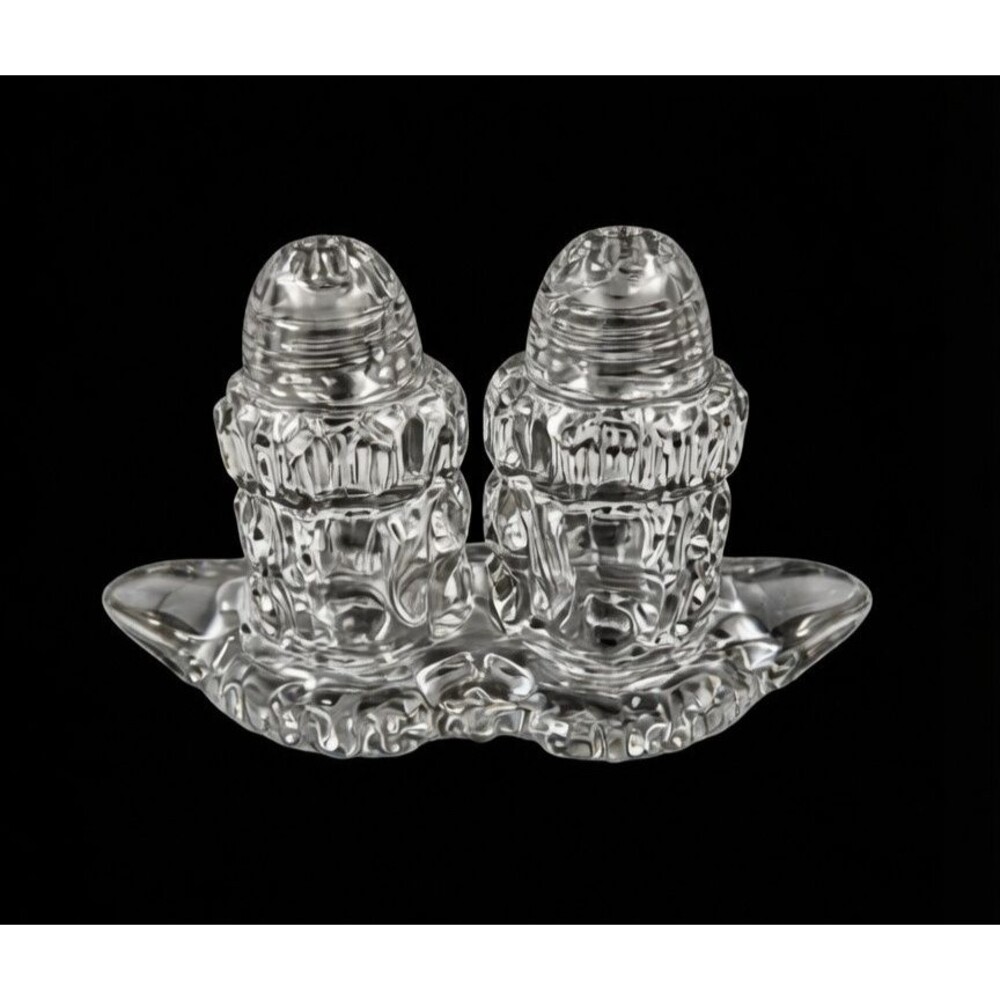 Vintage MCM Clear Crystal Bohemia Glass Salt & Pepper Shaker With Tray Czech